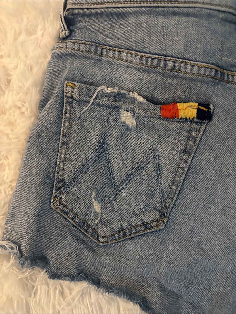 MOTHER Light Blue Denim Cutoff Shorts with Colorful Pocket Embroidery - Picture 9 of 13